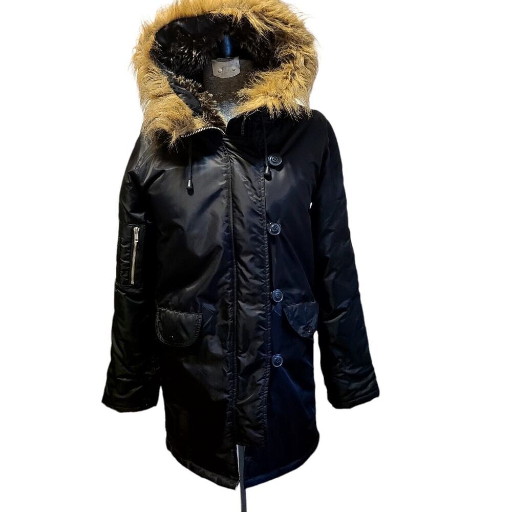 Women's Winter Coat Sz S Black Parka Hood Buffalo David Bitton Faux Fur Trim